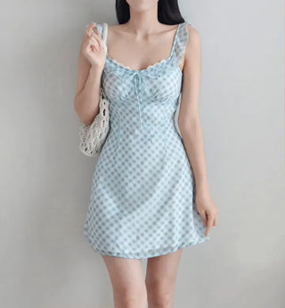 🩵 Pastel blue check banding frill slip ribbon lace nasi sleeveless A-line resort mini dress