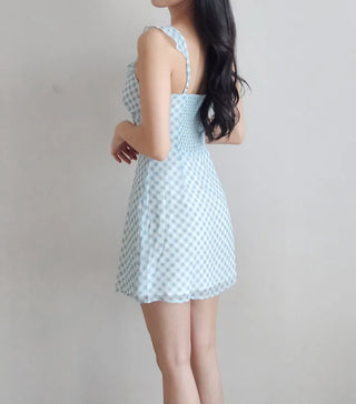 🩵 Pastel blue check banding frill slip ribbon lace nasi sleeveless A-line resort mini dress