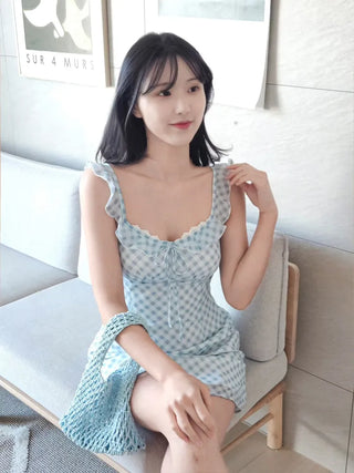 🩵 Pastel blue check banding frill slip ribbon lace nasi sleeveless A-line resort mini dress