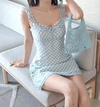 🩵 Pastel blue check banding frill slip ribbon lace nasi sleeveless A-line resort mini dress