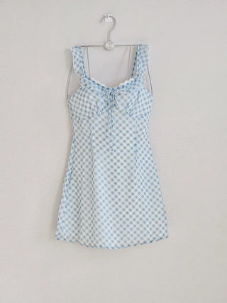 🩵 Pastel blue check banding frill slip ribbon lace nasi sleeveless A-line resort mini dress