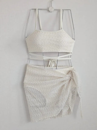 Light Beige High Waist Belly Cover Piece Bikini Strap Wrap Skirt Included Cover-Up Swimsuit Set