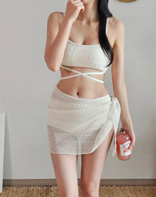 Light Beige High Waist Belly Cover Piece Bikini Strap Wrap Skirt Included Cover-Up Swimsuit Set