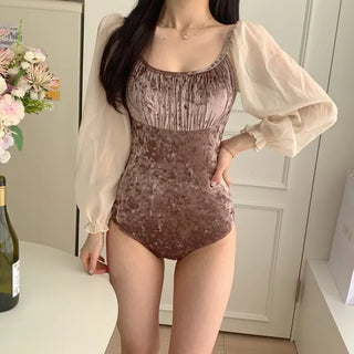 long-sleeved chiffon brown velvet ribbon lovely one-piece swimsuit