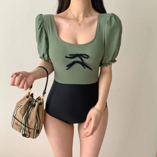 ribbon point girl color block swimsuit