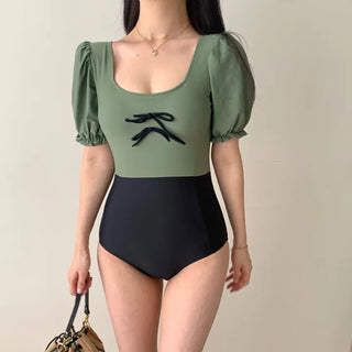 ribbon point girl color block swimsuit