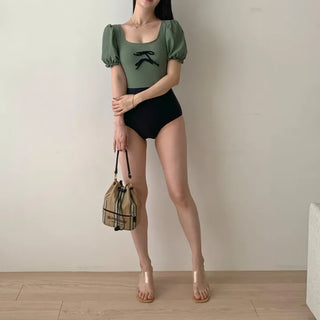 ribbon point girl color block swimsuit