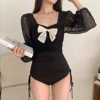 Lace Black One-Piece Monokini Lovely Ribbon Swimsuit