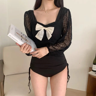 Lace Black One-Piece Monokini Lovely Ribbon Swimsuit