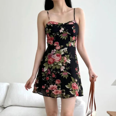 nasi sleeveless nasi king flower pattern flower mini slim chiffon one-piece