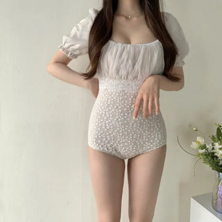 short sleeve chiffon lace off-shoulder one-piece swimsuit