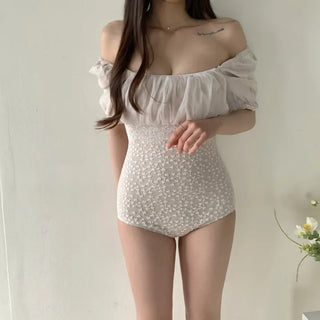 short sleeve chiffon lace off-shoulder one-piece swimsuit