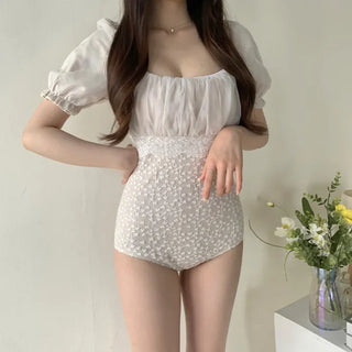 short sleeve chiffon lace off-shoulder one-piece swimsuit
