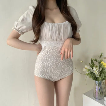 short sleeve chiffon lace off-shoulder one-piece swimsuit