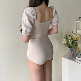 short sleeve chiffon lace off-shoulder one-piece swimsuit