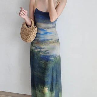 Resort long one-piece dress with a body-shaping slip straps a loose fit and a lining for a travel look or a vacation look. A silky fit and tie-dye one-piece dress for summer.