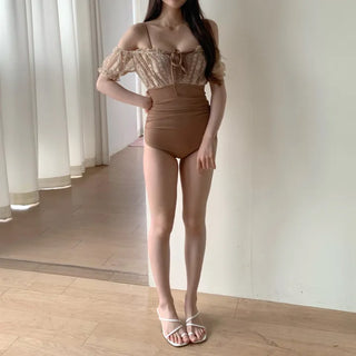 lace off-shoulder strappy nasi ribbon halter neck brown one-piece swimsuit
