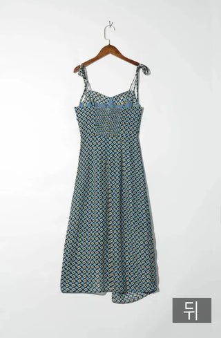 sleeveless nasi front slit retro diamond long one-piece dress