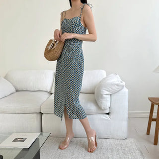 sleeveless nasi front slit retro diamond long one-piece dress