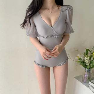 gray chiffon frill short-sleeved one-piece swimsuit