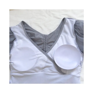 gray chiffon frill short-sleeved one-piece swimsuit