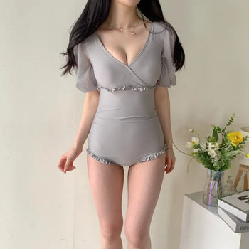 gray chiffon frill short-sleeved one-piece swimsuit