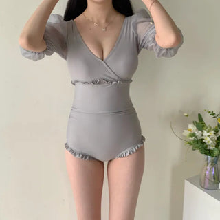 gray chiffon frill short-sleeved one-piece swimsuit