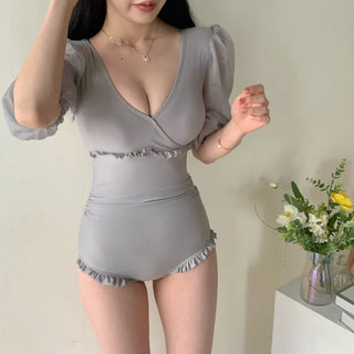 gray chiffon frill short-sleeved one-piece swimsuit