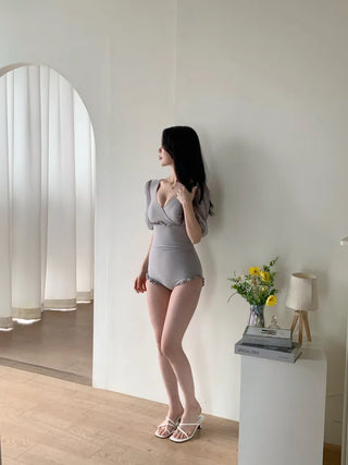 gray chiffon frill short-sleeved one-piece swimsuit