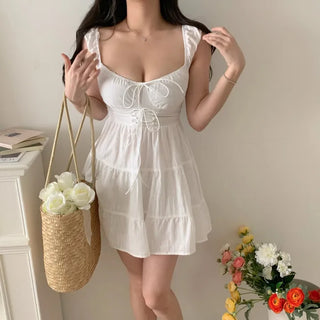 white linen girl cancan mini sleeveless string corset petite one-piece dress