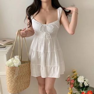 white linen girl cancan mini sleeveless string corset petite one-piece dress