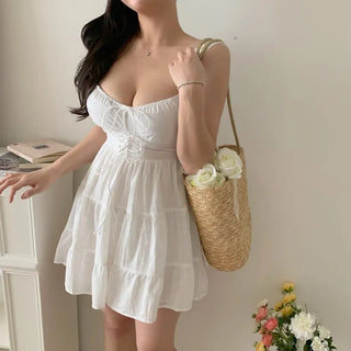 white linen girl cancan mini sleeveless string corset petite one-piece dress