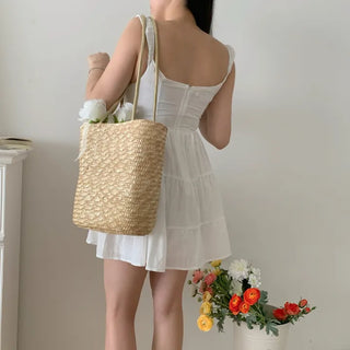 white linen girl cancan mini sleeveless string corset petite one-piece dress