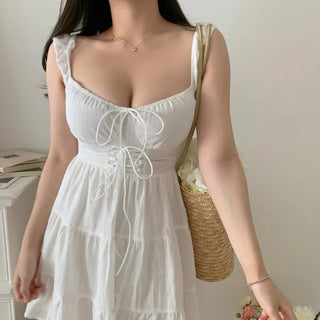 white linen girl cancan mini sleeveless string corset petite one-piece dress