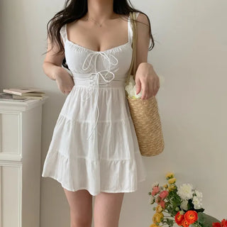 white linen girl cancan mini sleeveless string corset petite one-piece dress