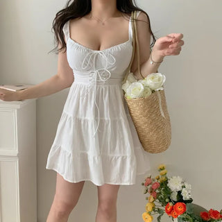white linen girl cancan mini sleeveless string corset petite one-piece dress