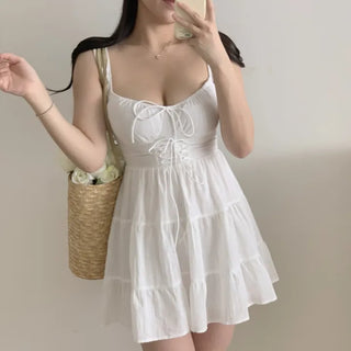 white linen girl cancan mini sleeveless string corset petite one-piece dress