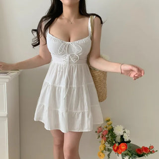 white linen girl cancan mini sleeveless string corset petite one-piece dress