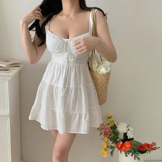 white linen girl cancan mini sleeveless string corset petite one-piece dress