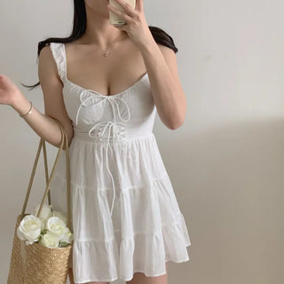 white linen girl cancan mini sleeveless string corset petite one-piece dress