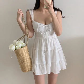 white linen girl cancan mini sleeveless string corset petite one-piece dress