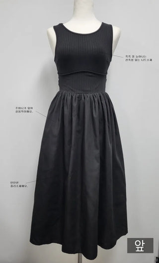 knit long black sleeveless wide ribbon one-piece dress