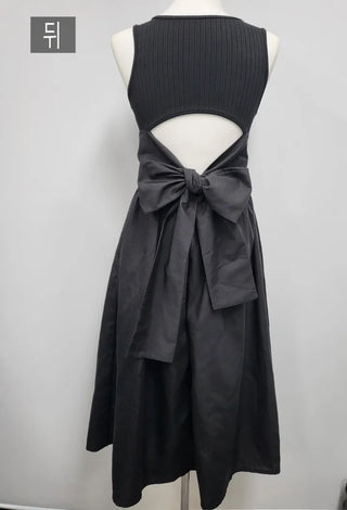 knit long black sleeveless wide ribbon one-piece dress
