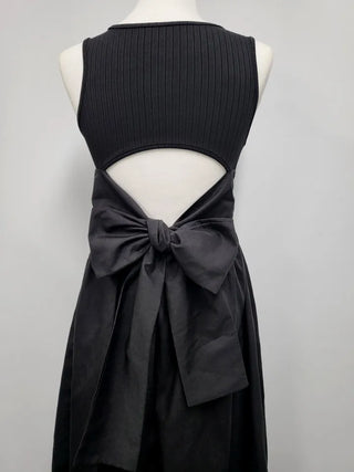 knit long black sleeveless wide ribbon one-piece dress