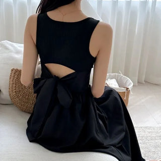 knit long black sleeveless wide ribbon one-piece dress