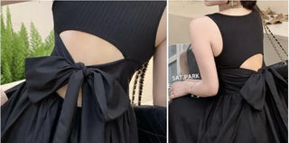 knit long black sleeveless wide ribbon one-piece dress