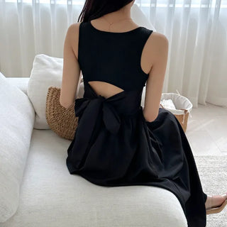 knit long black sleeveless wide ribbon one-piece dress