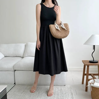 knit long black sleeveless wide ribbon one-piece dress