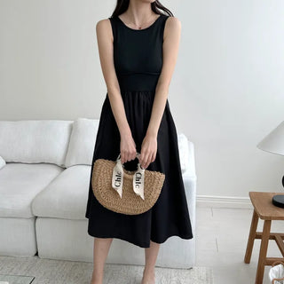 knit long black sleeveless wide ribbon one-piece dress