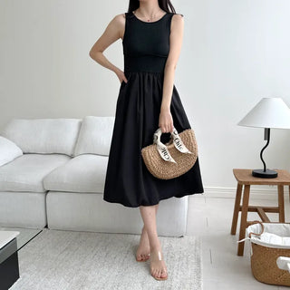 knit long black sleeveless wide ribbon one-piece dress